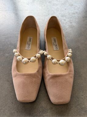 Jimmy Choo Blush Pink / Beige Suede Flats with Pearl Strap